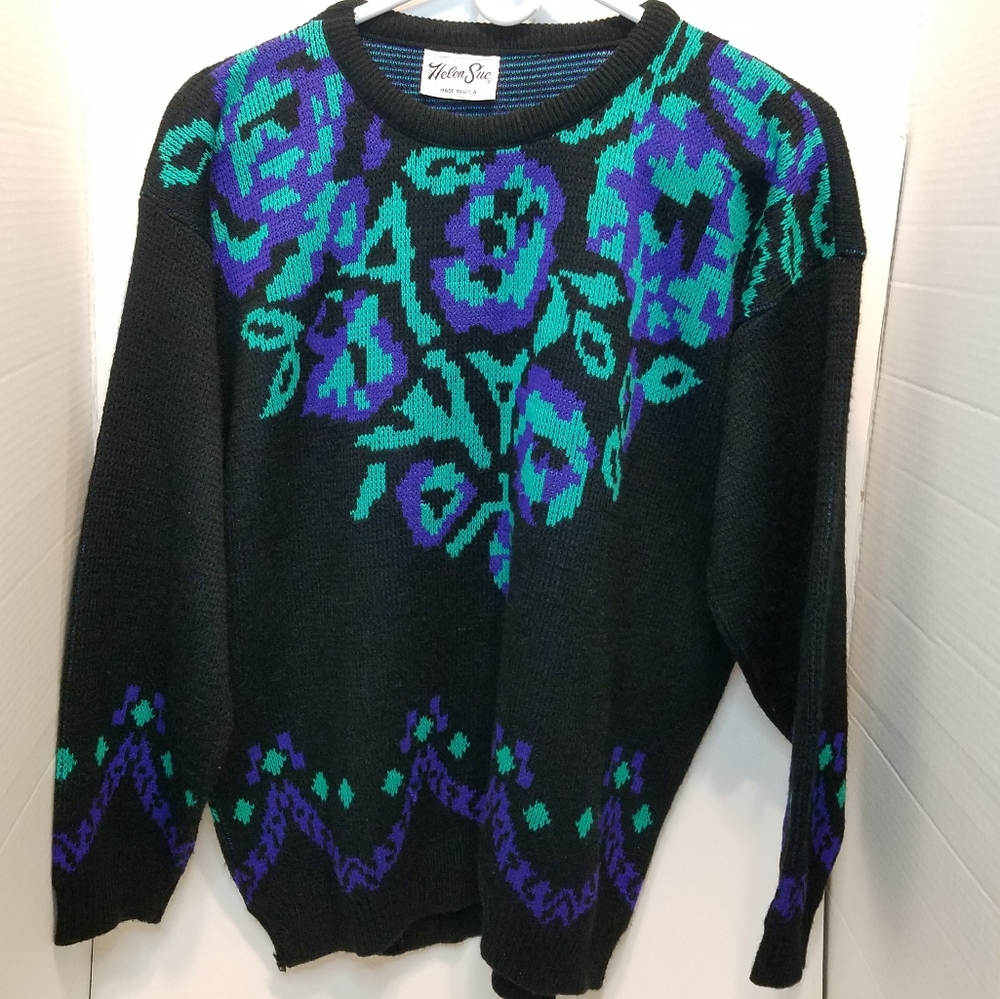 Vintage 80's Helen Sue Black Purple Green Floral Knit Sweater  USA